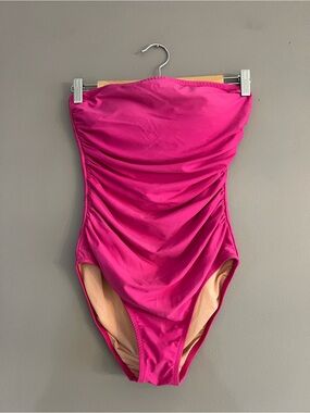 J Crew Strapless One Piece Swimsuit Fuchsia Pink Ruched Slim 4 Beach Reasortwear
